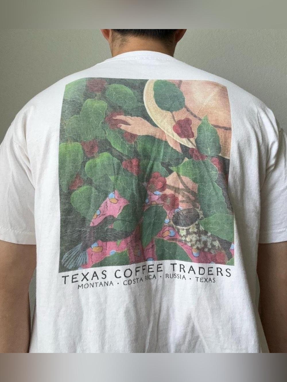 Vintage 1990s Texas Coffee Traders Graphics White Single Stitched Tee Shirt